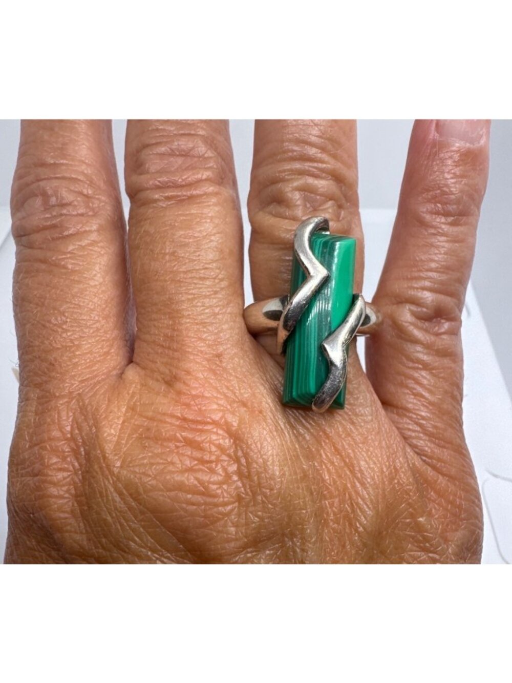 925 Sterling Silver Malachite Modernist Style Statement Ring Size 9 Wearable Art